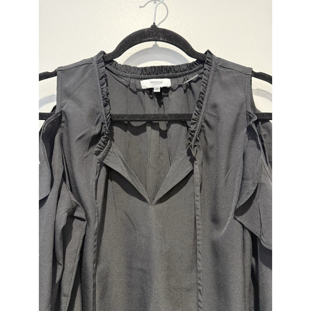 Kensie Black Cold Shoulder Ruffle Top Blouse Tassel Tie Long Sleeve Flowy Boho M - Picture 2 of 9